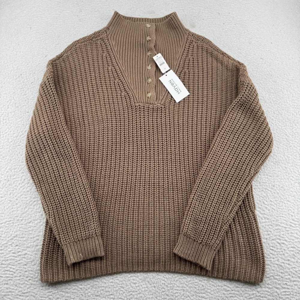 NWD Haven Sweater Womens Medium Brown Acrylic Cable Knit Mock Neck Button Collar